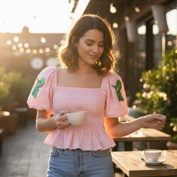 Women's Alien Patch Pink Ruffle Blouse Top Shirt Size Small - Picture 1 of 4